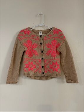 Vtg OshKosh B'gosh Beige Cardigan with Neon Pink Snowflake Pattern